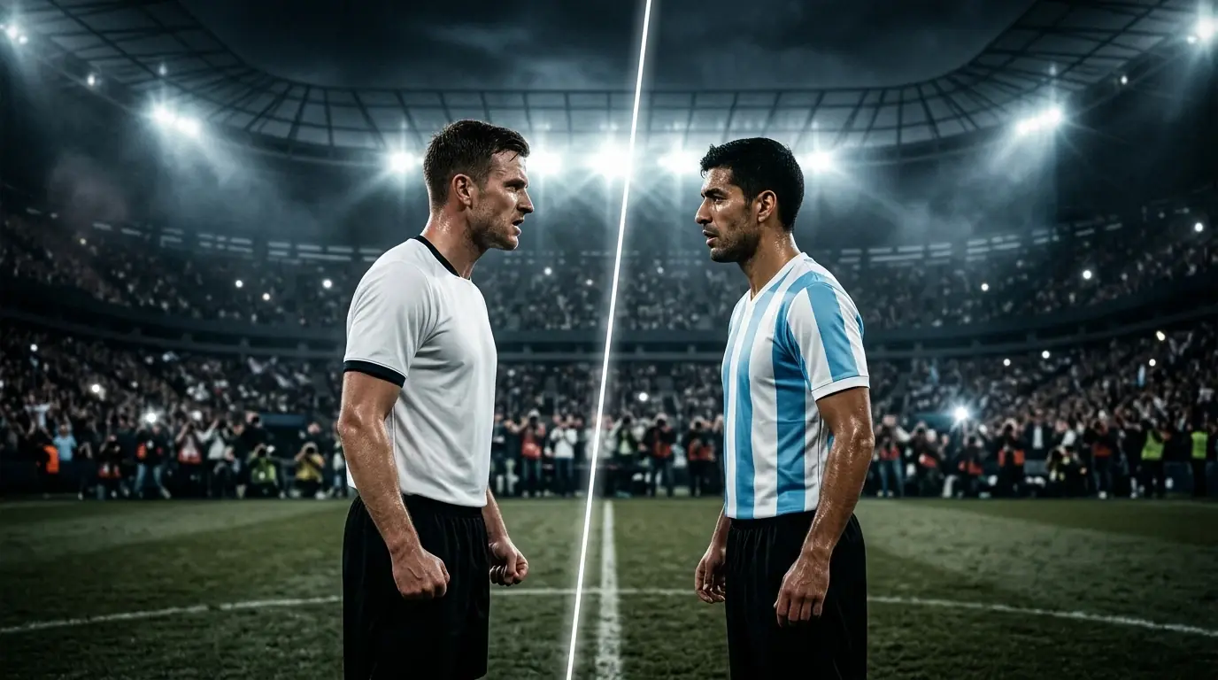 Affiche éditoriale montrant deux maillots de football stylisés face à face, l'un blanc à gauche évoquant l'Angleterre, l'autre à rayures bleu ciel et blanc à droite évoquant l'Argentine, séparés par une ligne de tension lumineuse, sur fond de stade sombre à toit fermé