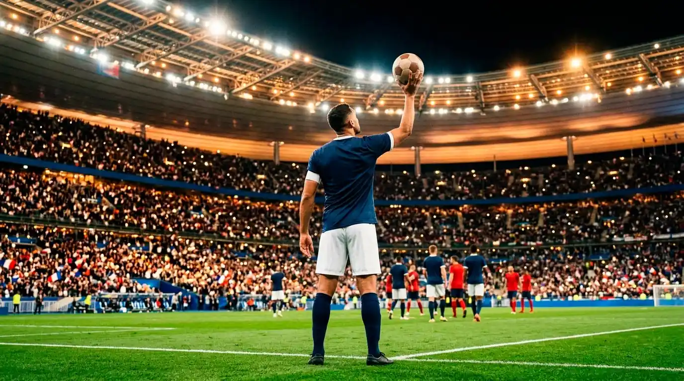 Un capitaine brandissant le ballon avant un match de Coupe du Monde dans un stade illuminé la nuit, tribunes bondées