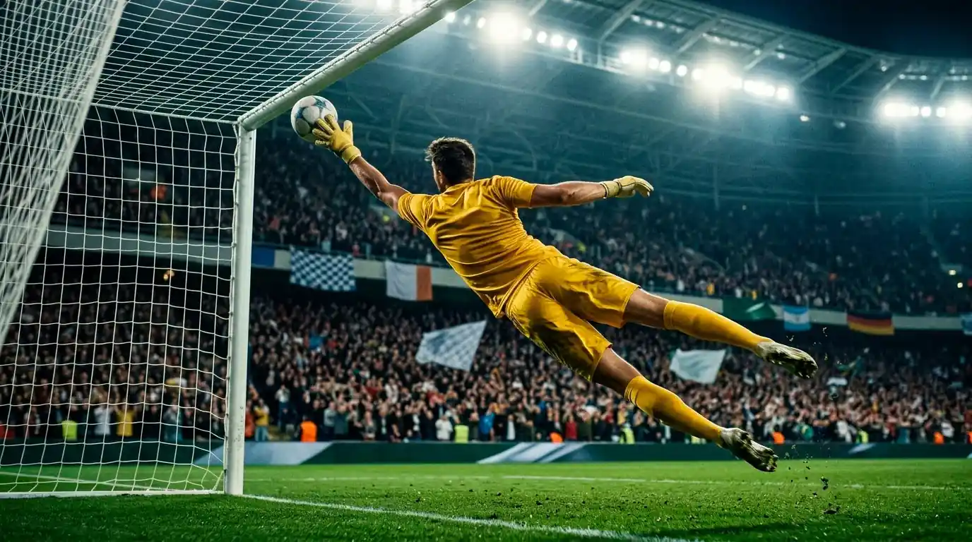 Un gardien de but plongeant pour détourner un ballon lors d'un match de Coupe du Monde, stade comble sous les projecteurs