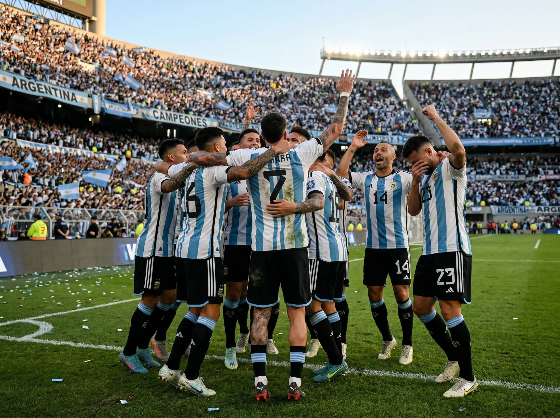 L'équipe nationale d'Argentine célébrant avec le trophée de la Coupe du Monde lors d'un match de qualification