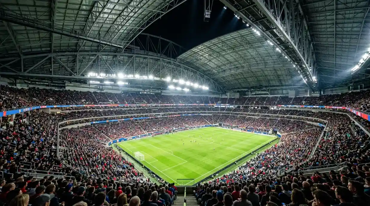 Tribunes pleines lors d'un match de Coupe du Monde dans un stade nord-américain à toit fermé, ambiance moite mais climatisée