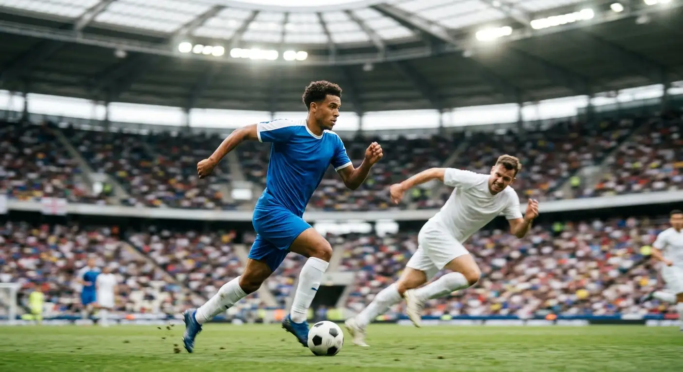 Un joueur de couloir accélérant balle au pied face à un défenseur lors d'un match de Coupe du Monde en journée, stade couvert