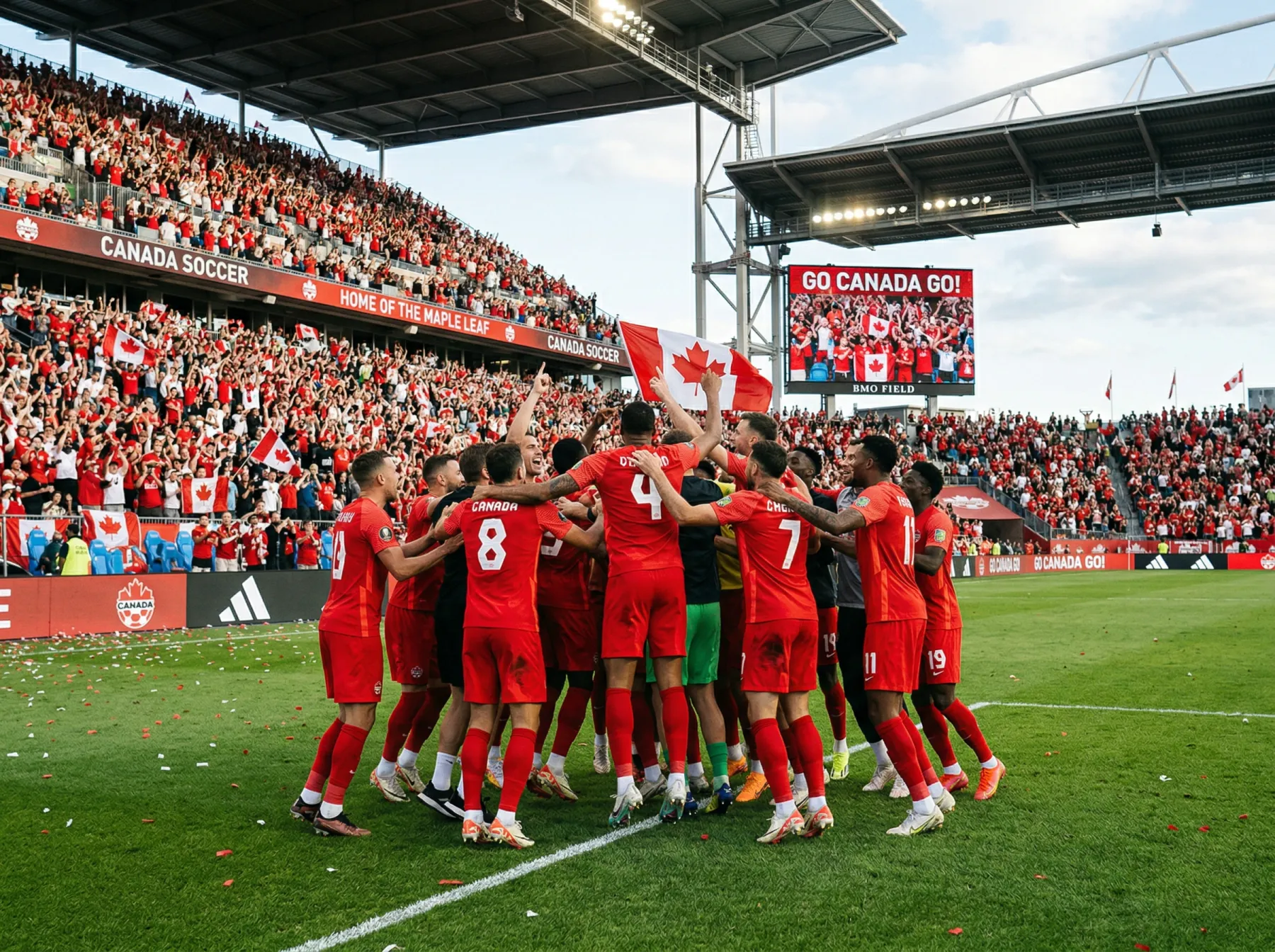 L'équipe nationale du Canada célébrant lors d'un match à domicile pour la Coupe du Monde 2026