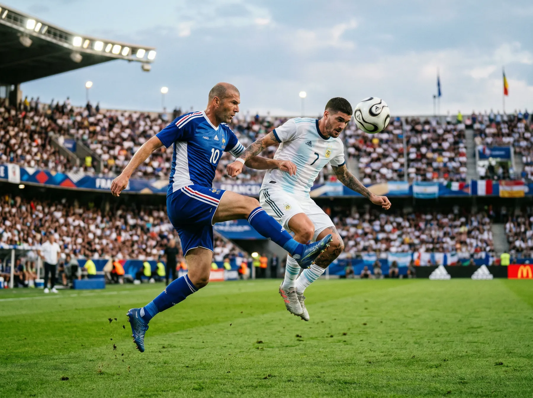 Action de match de football international avec joueurs en plein duel pour le ballon sur pelouse verte