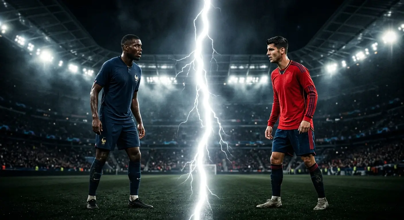 Affiche éditoriale montrant deux maillots de football stylisés face à face, l'un bleu marine à gauche, l'autre rouge vif à droite, séparés par un éclair de lumière blanche verticale, sur fond de stade sombre à toit fermé