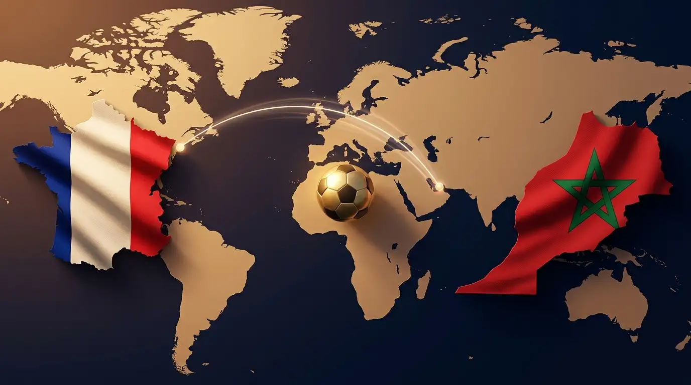 Affiche éditoriale avec une carte du monde stylisée en sépia et bleu marine, arc lumineux reliant la péninsule Arabique (Qatar 2022) à la Nouvelle-Angleterre (Foxborough 2026)