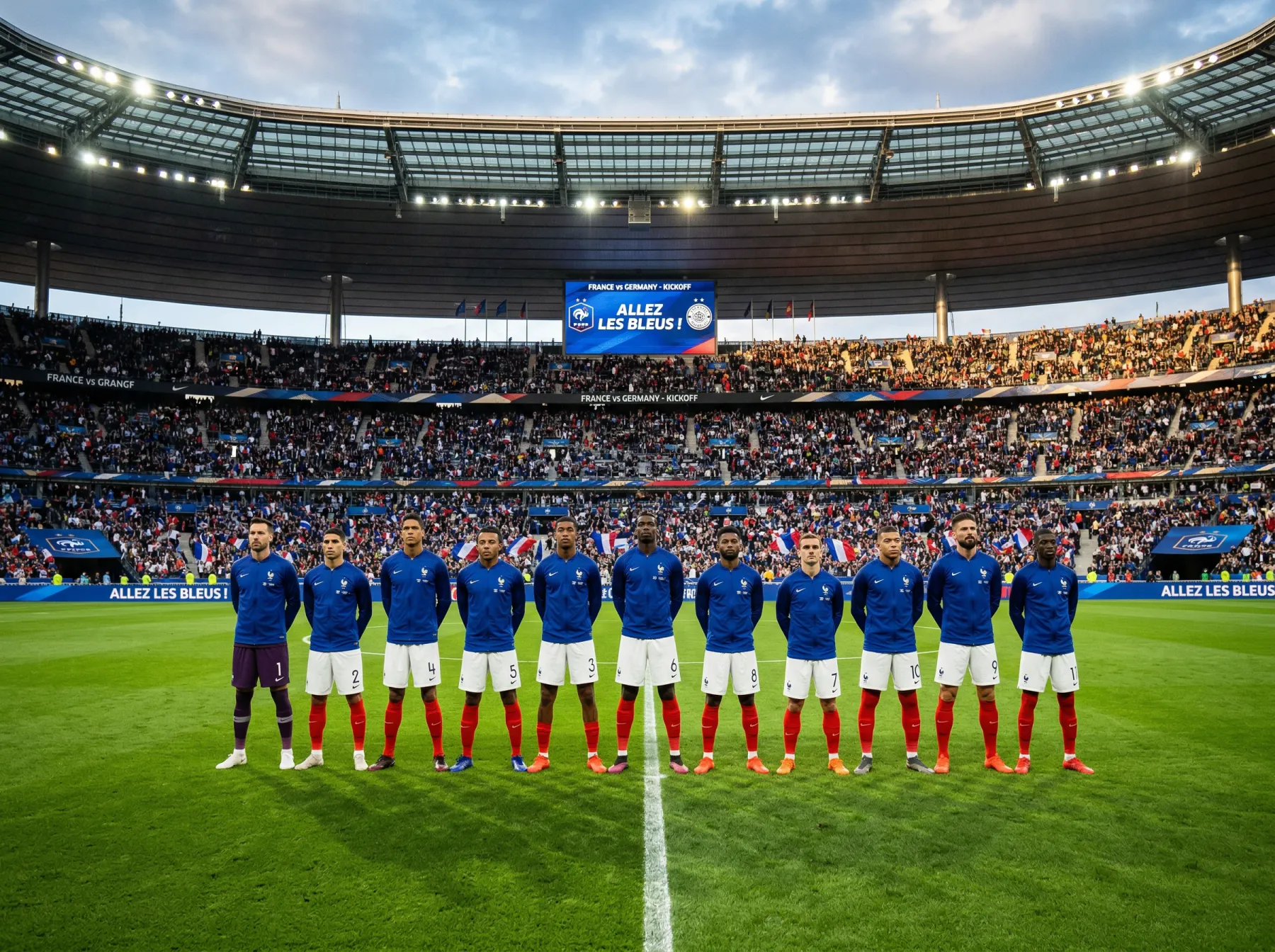 L'équipe de France de football en maillot bleu lors d'un match de qualification pour la Coupe du Monde 2026