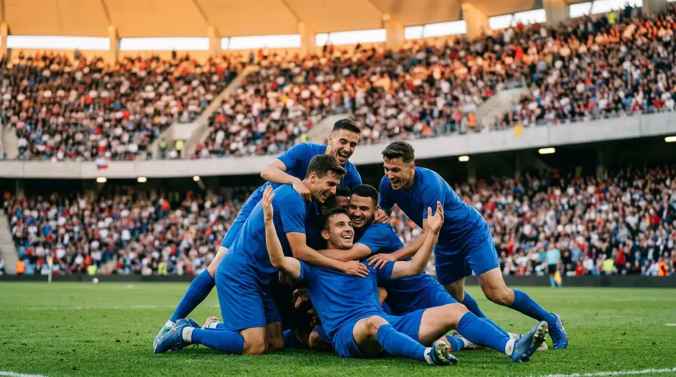 Joueurs de football en maillot bleu enchaînés autour d'un coéquipier célébrant un but dans un grand stade américain