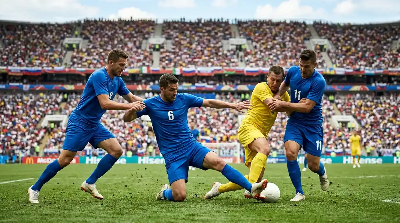 Trois joueurs en maillot bleu et un défenseur en maillot jaune se disputant un ballon au sol dans un grand stade ouvert