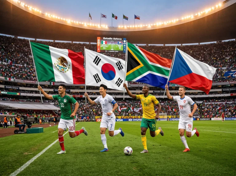 Groupe A de la Coupe du Monde 2026 avec les drapeaux du Mexique, de la Corée du Sud, de l'Afrique du Sud et de la Tchéquie