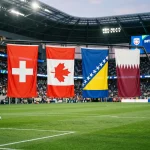 Groupe B de la Coupe du Monde 2026 avec les drapeaux de la Suisse, du Canada, de la Bosnie-Herzégovine et du Qatar