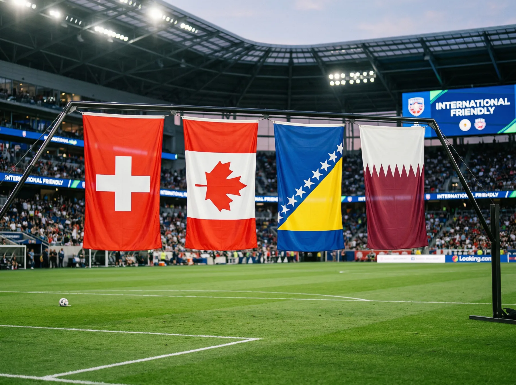 Groupe B de la Coupe du Monde 2026 avec les drapeaux de la Suisse, du Canada, de la Bosnie-Herzégovine et du Qatar