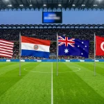 Groupe D de la Coupe du Monde 2026 avec les drapeaux des États-Unis, du Paraguay, de l'Australie et de la Turquie