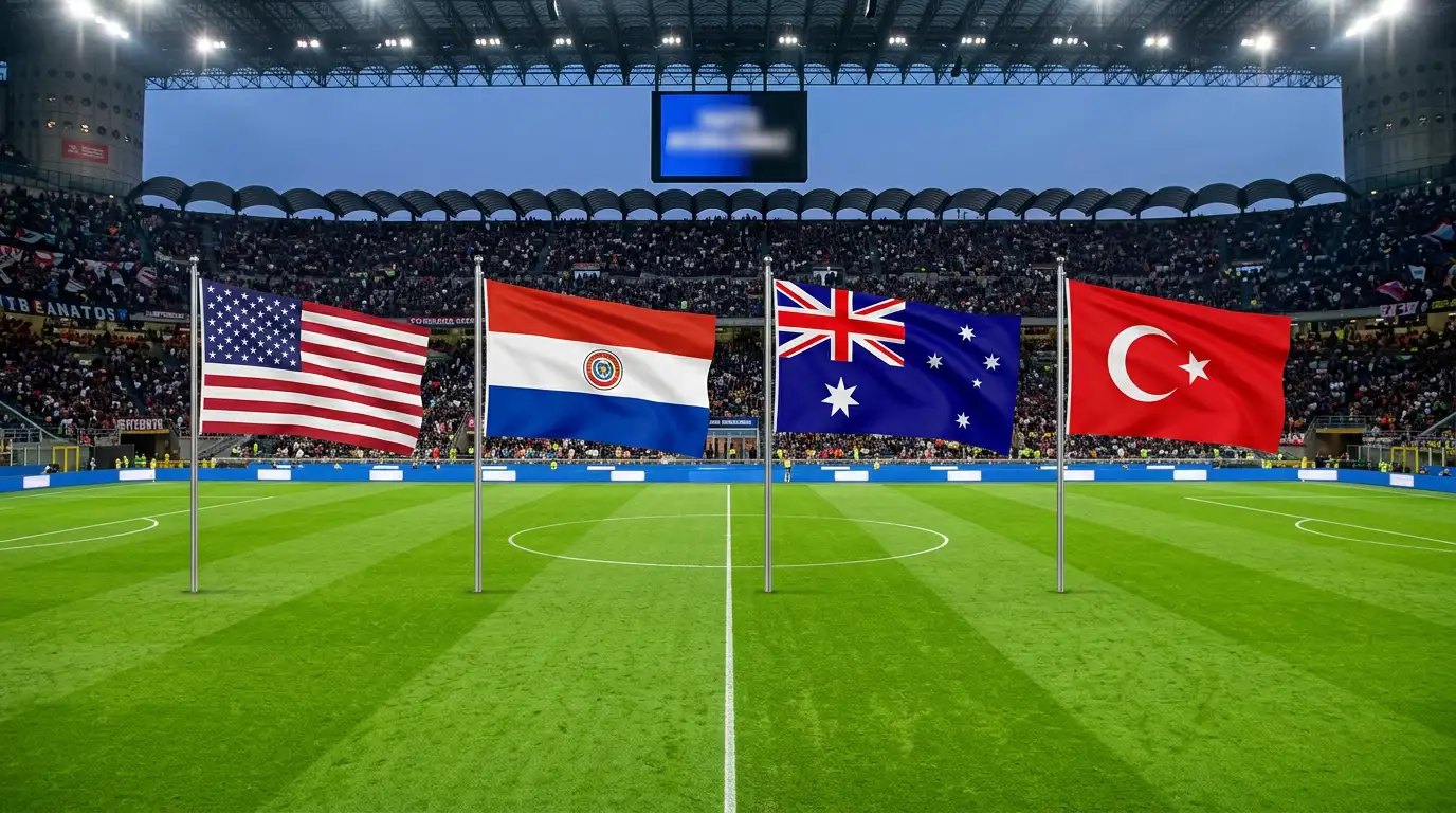 Groupe D de la Coupe du Monde 2026 avec les drapeaux des États-Unis, du Paraguay, de l'Australie et de la Turquie