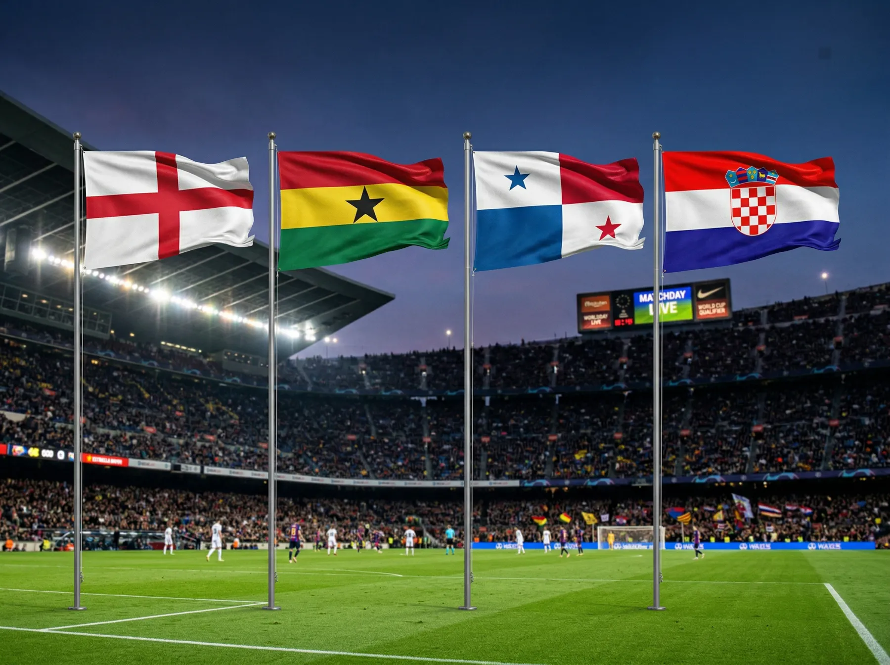 Groupe L de la Coupe du Monde 2026 avec les drapeaux de l'Angleterre, du Ghana, du Panama et de la Croatie