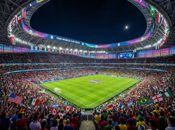 Stade de football moderne illuminé pour la Coupe du Monde 2026 avec drapeaux des nations participantes