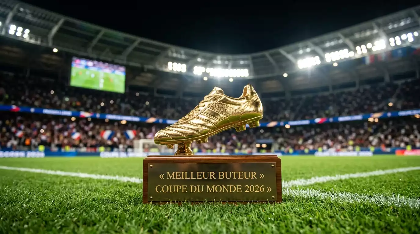 Soulier d'or de meilleur buteur posé sur une pelouse sous les projecteurs d'un stade