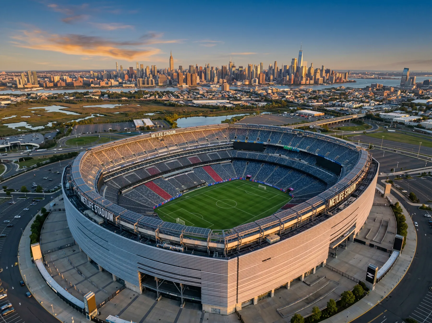 Vue aérienne du MetLife Stadium à East Rutherford, New Jersey, qui accueillera la finale de la Coupe du Monde 2026