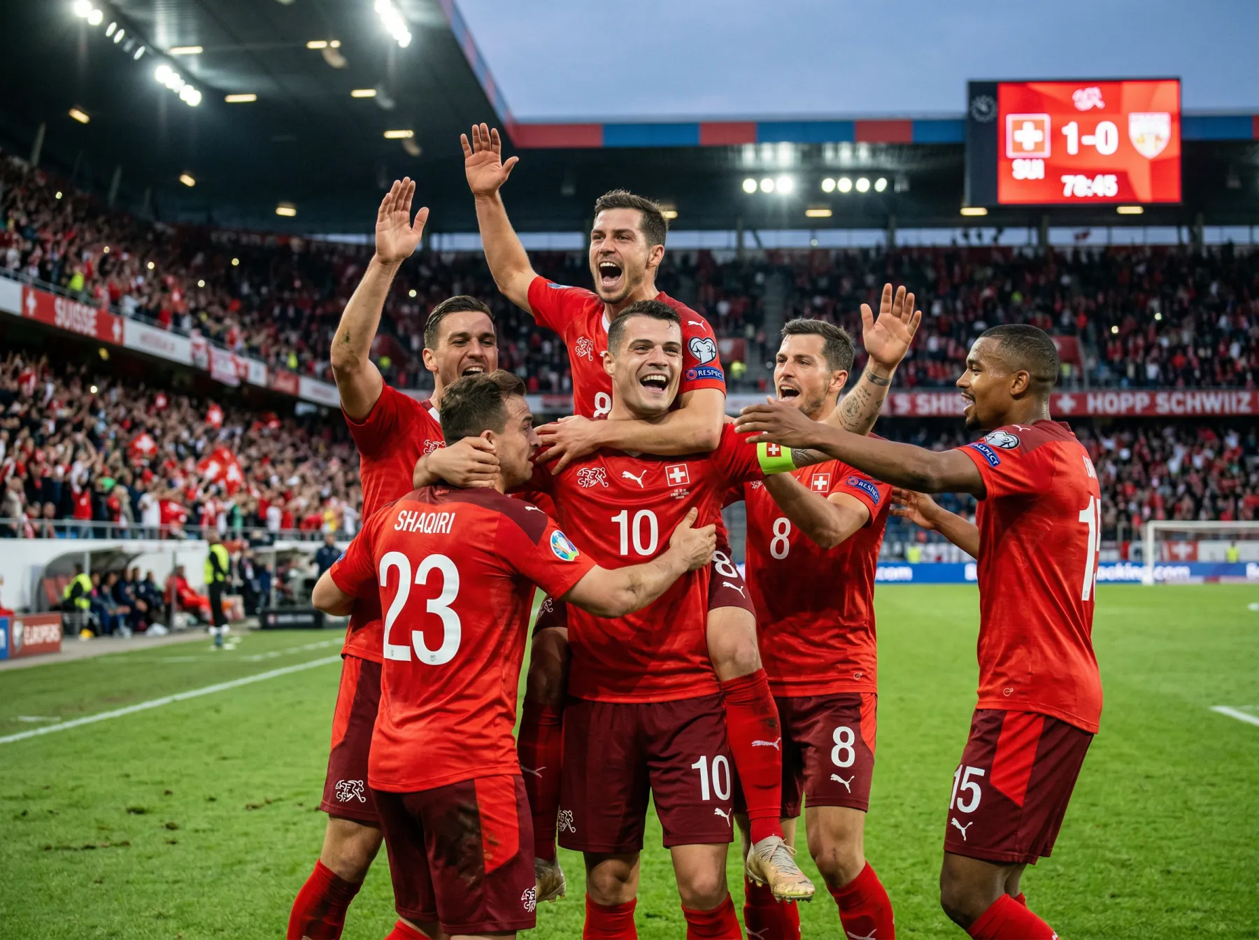 Joueurs de l'équipe nationale suisse célébrant un but lors d'un match de qualification