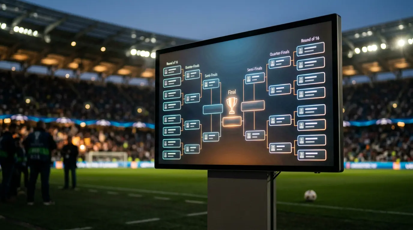 Tableau à élimination directe d'un tournoi de football affiché sur un écran, ambiance Coupe du Monde 2026