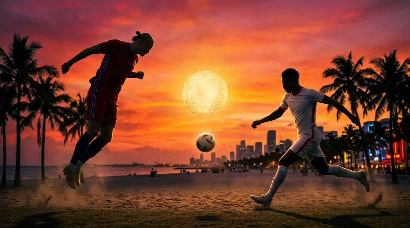 Affiche éditoriale avec un coucher de soleil de Miami en tons orange-magenta, silhouettes de palmiers, deux silhouettes d'attaquants — à gauche figure rouge-bleu en frappe de tête (Norvège), à droite figure blanc-rouge en course d'élan (Angleterre)