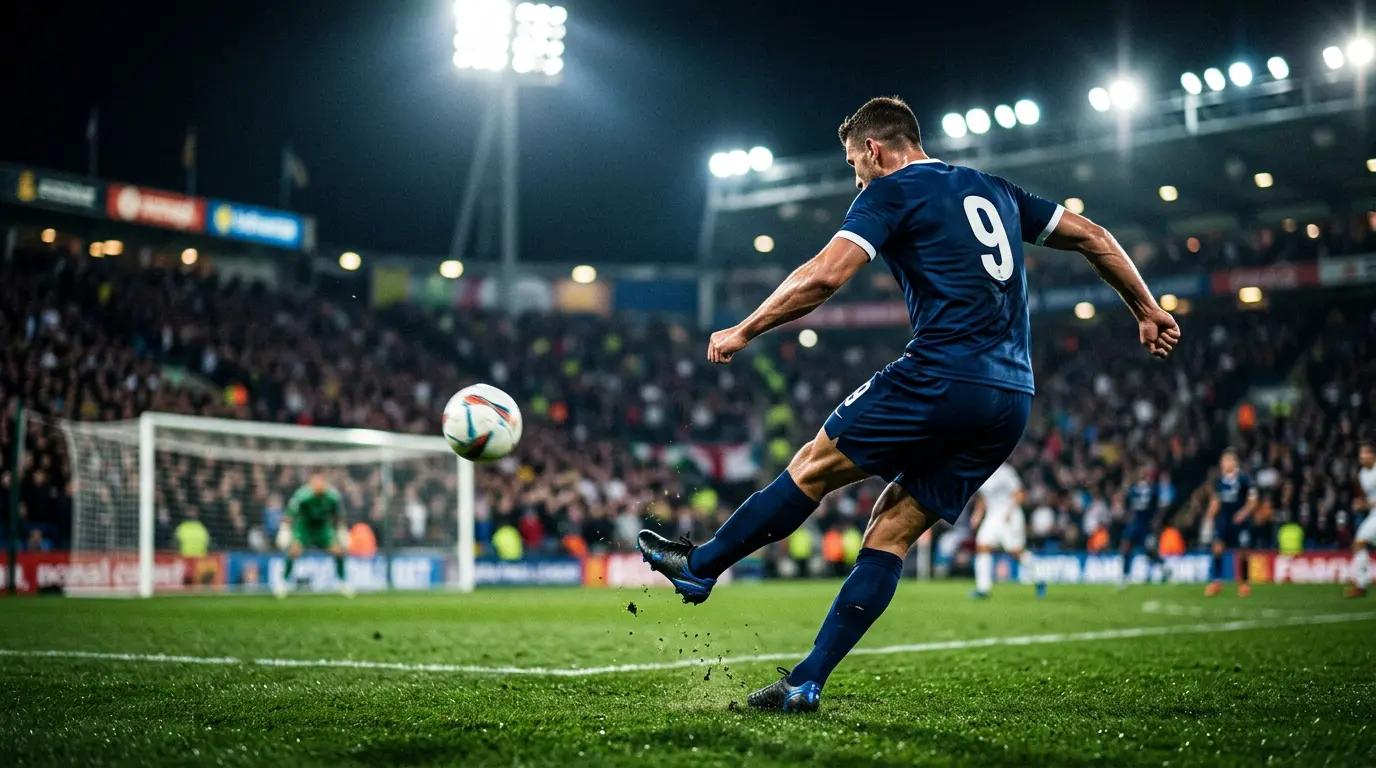 Attaquant de football frappant au but lors d'un match nocturne du Mondial 2026, projecteurs et tribunes en arrière-plan