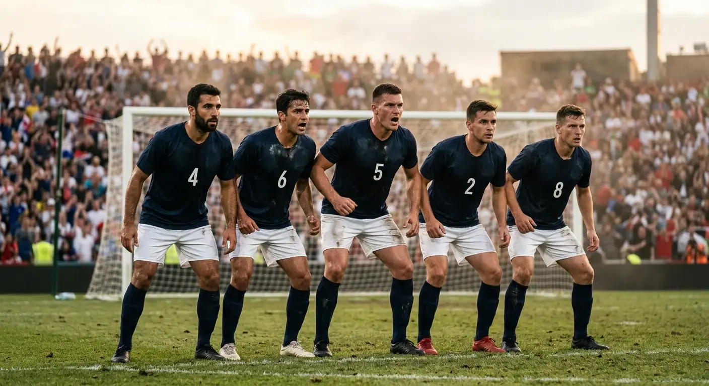 Des défenseurs regroupés formant un bloc défensif compact lors d'un match de Coupe du Monde, chaleur estivale visible