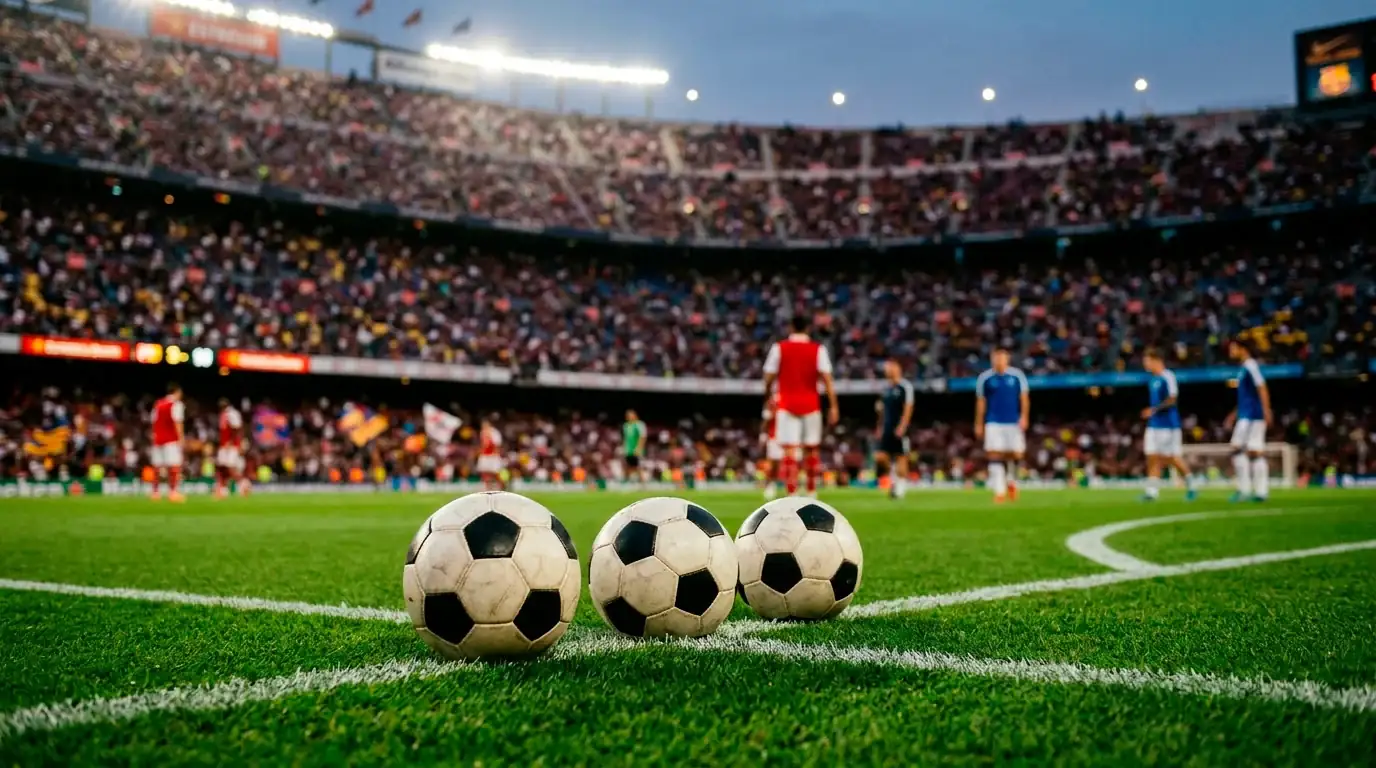 Trois ballons de football alignés sur une pelouse de stade sous les projecteurs, ambiance de soirée de huitièmes de finale