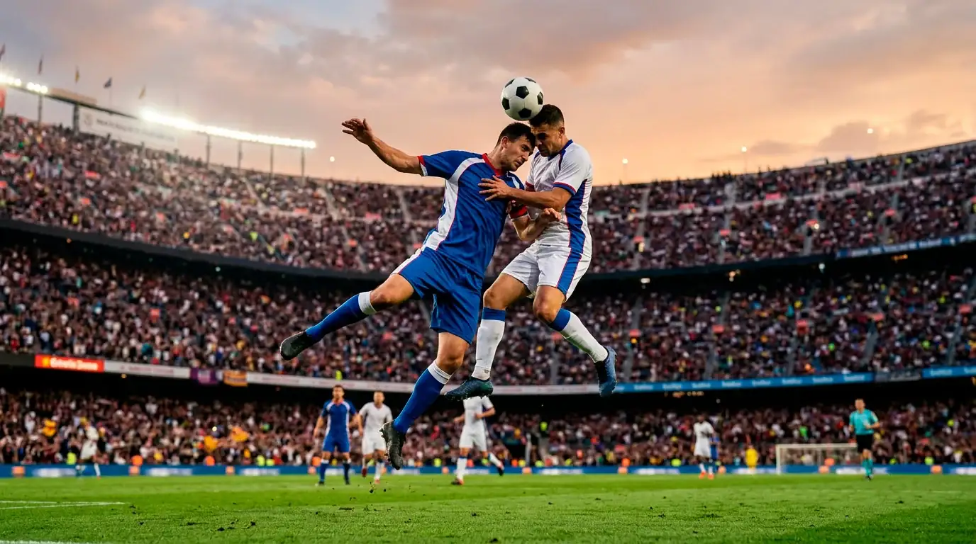 Deux joueurs de football de sélections différentes au duel pour le ballon dans un stade à ciel ouvert, tribunes pleines