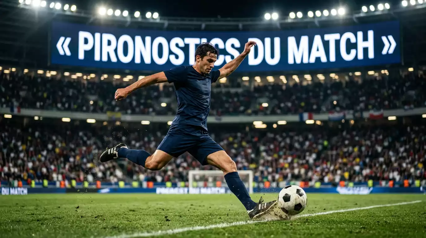 Joueur de football frappant le ballon lors d'un match international en soirée, projecteurs du stade en arrière-plan