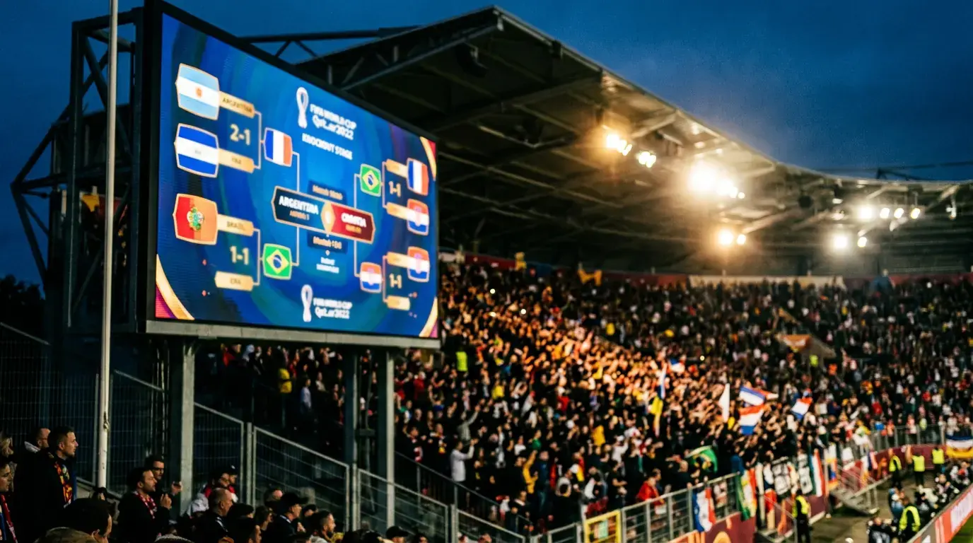Trois affiches de Coupe du Monde projetées sur un grand écran de stade, ambiance de huitièmes de finale