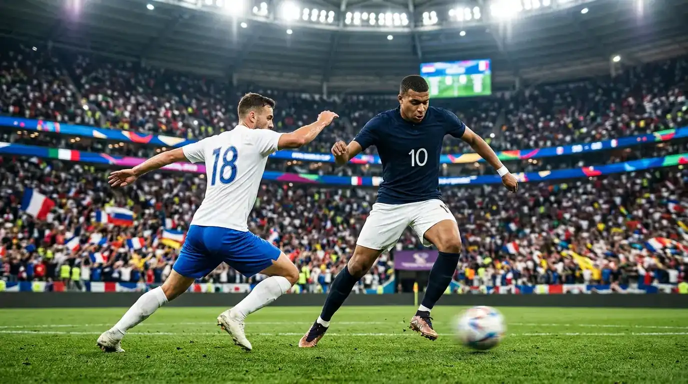 Un attaquant de football enchainant un dribble lors d'un match de Coupe du Monde, projecteurs et tribunes en arrière-plan