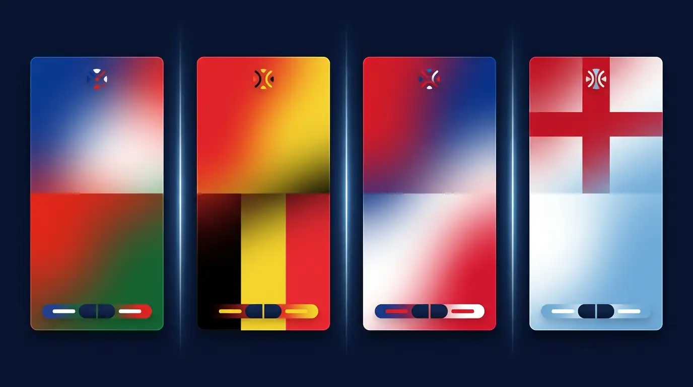 Affiche éditoriale avec quatre cartes verticales pour chaque quart de finale, avec les couleurs nationales et une barre de cotes stylisée, fond bleu marine profond