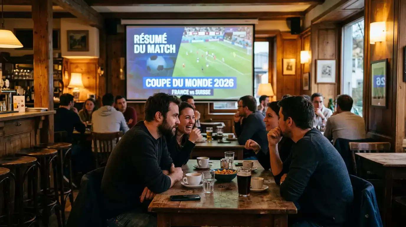 Supporters réunis tard le soir devant un grand écran dans un café de Suisse romande pendant le Mondial 2026