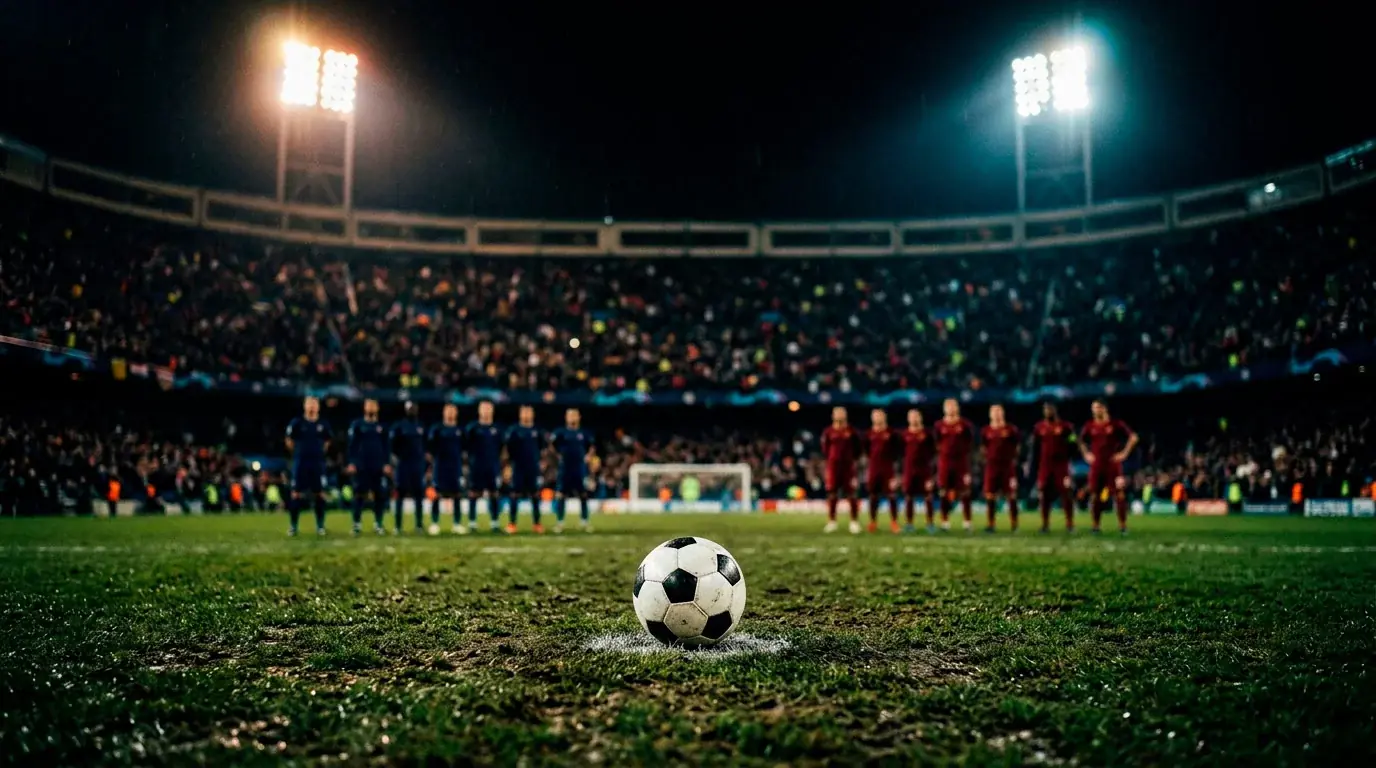 Un ballon posé sur le point de penalty dans un grand stade plongé dans la nuit, tribunes floutées en arrière-plan
