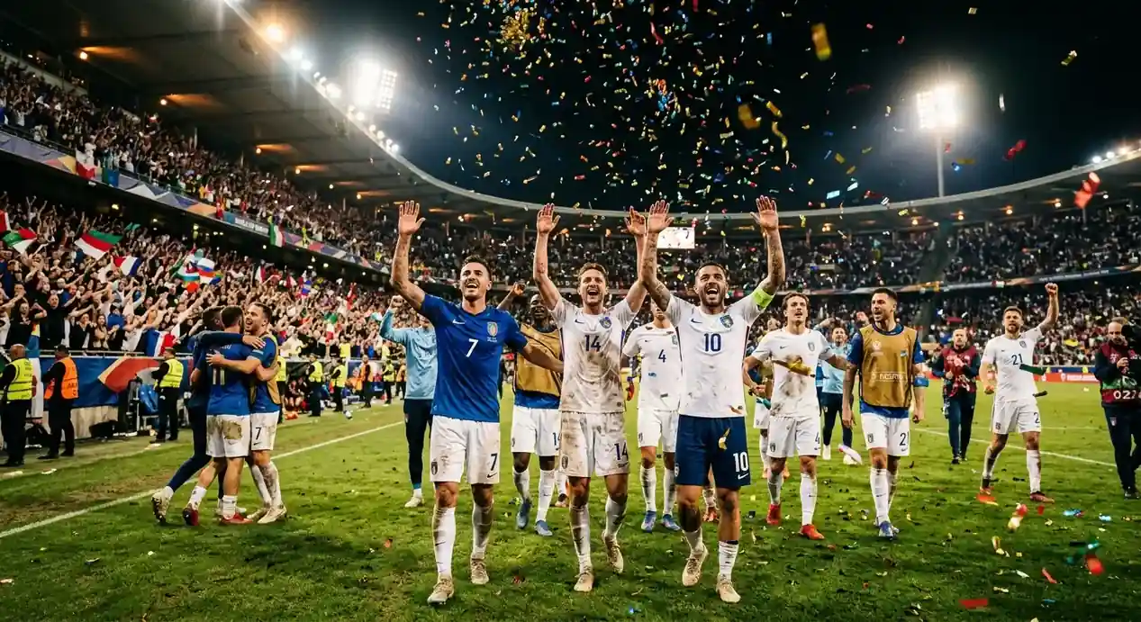 Joueurs célébrant une qualification sur la pelouse d'un grand stade de Coupe du Monde la nuit, confettis et projecteurs
