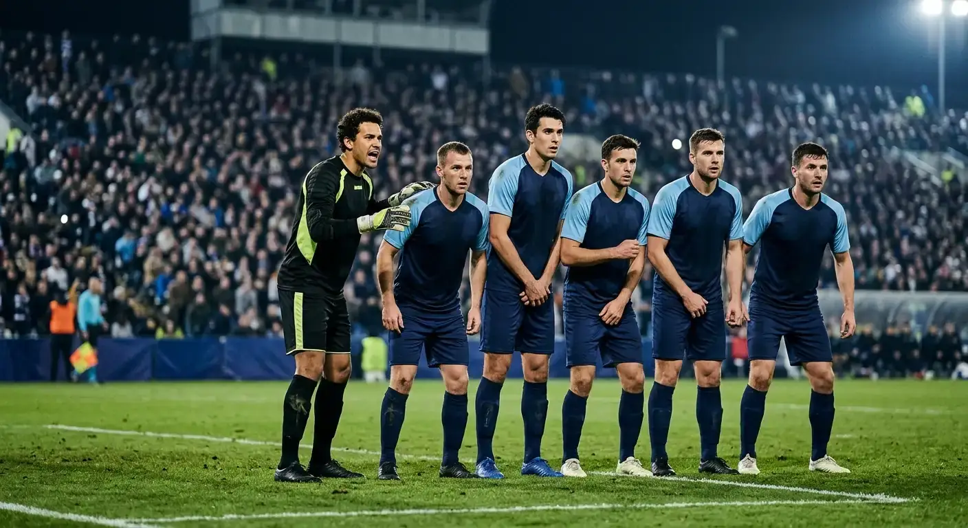 Un gardien de but et ses défenseurs organisant leur mur défensif lors d'un match de Coupe du Monde, ambiance nocturne