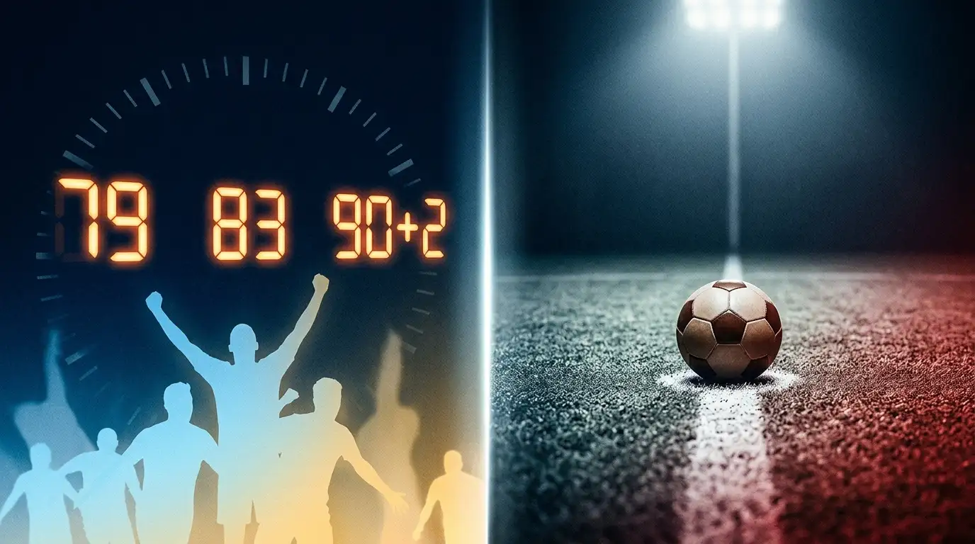 Affiche éditoriale avec un chronomètre de match numérique affichant les minutes 79, 83 et 90+2 en lumière dorée sur fond bleu marine profond, avec silhouettes de joueurs en célébration en bas