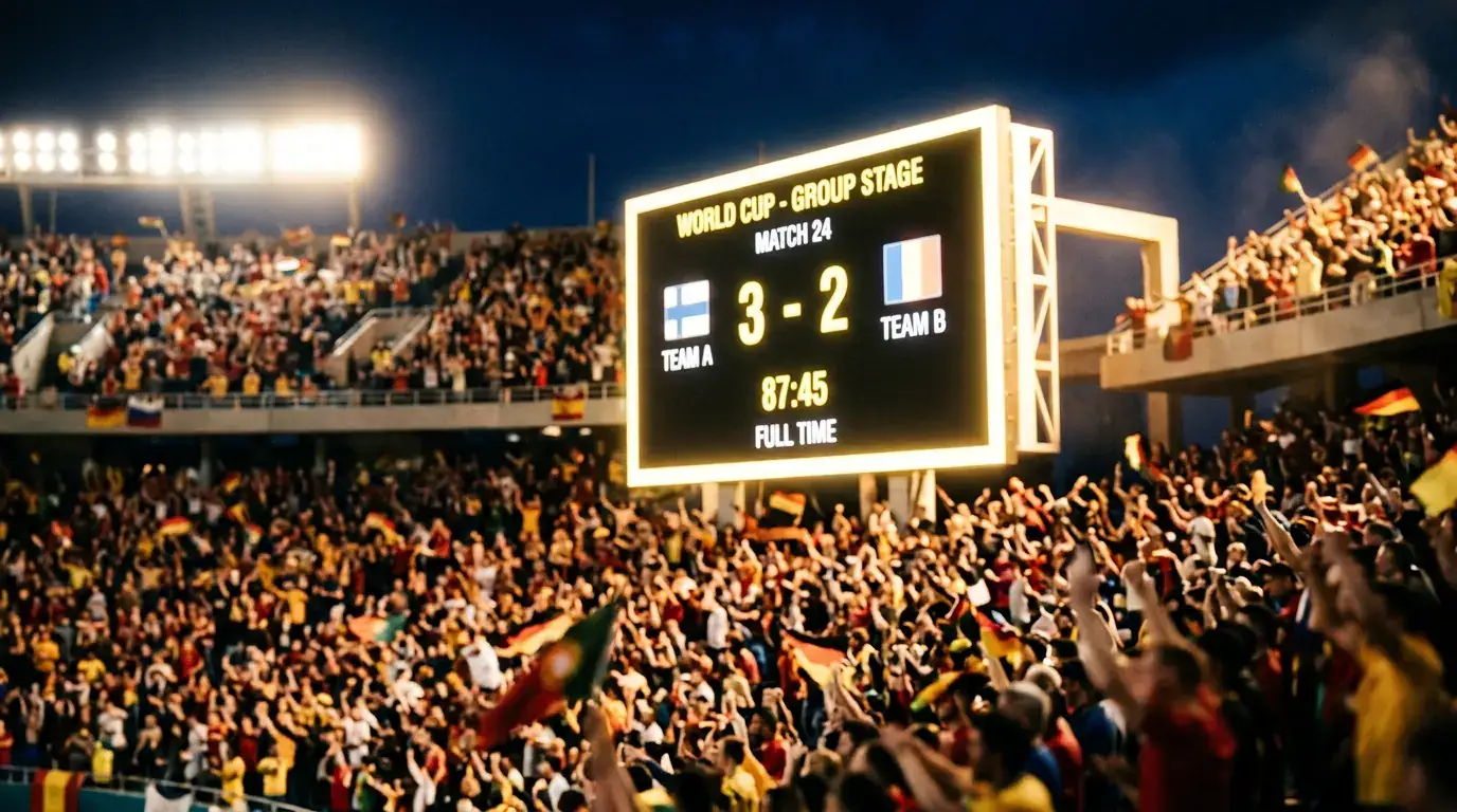 Tableau d'affichage d'un stade affichant le score d'un match de Coupe du Monde, ambiance de fin de tournoi de groupes