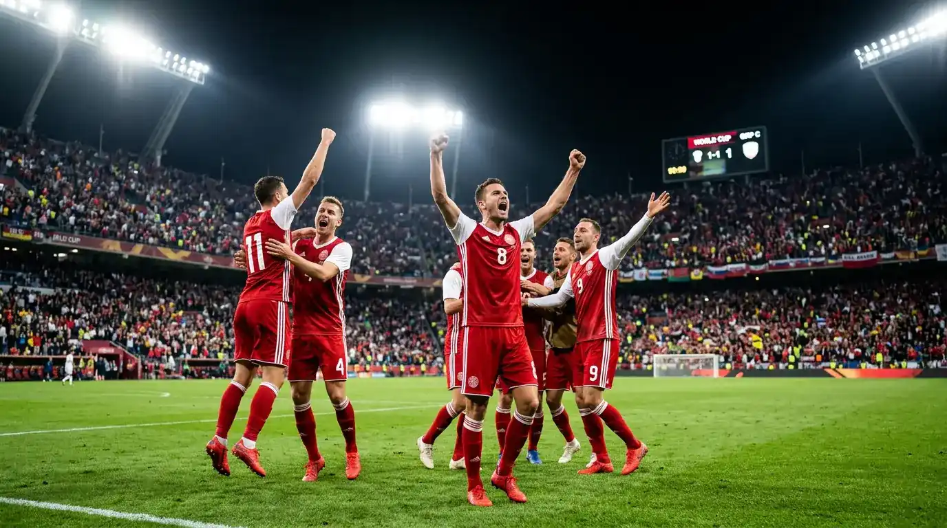 Joueurs de football célébrant un but tardif lors d'un match de Coupe du Monde, ambiance électrique dans les tribunes