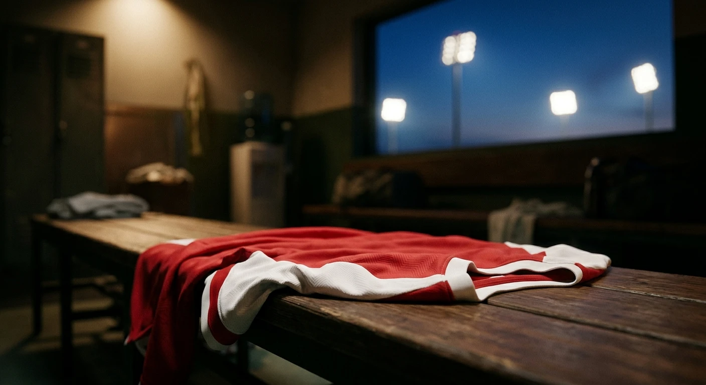 Affiche éditoriale sombre montrant un maillot rouge et blanc suisse posé sur un banc de vestiaire dans une lumière tamisée, avec en arrière-plan flou quatre projecteurs de stade allumés symbolisant les quatre demi-finalistes