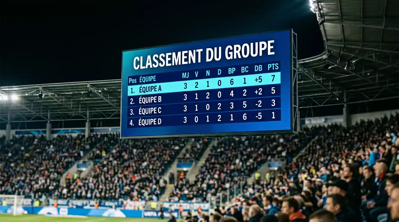Tableau d'affichage d'un stade montrant un classement de groupe générique pendant le Mondial 2026