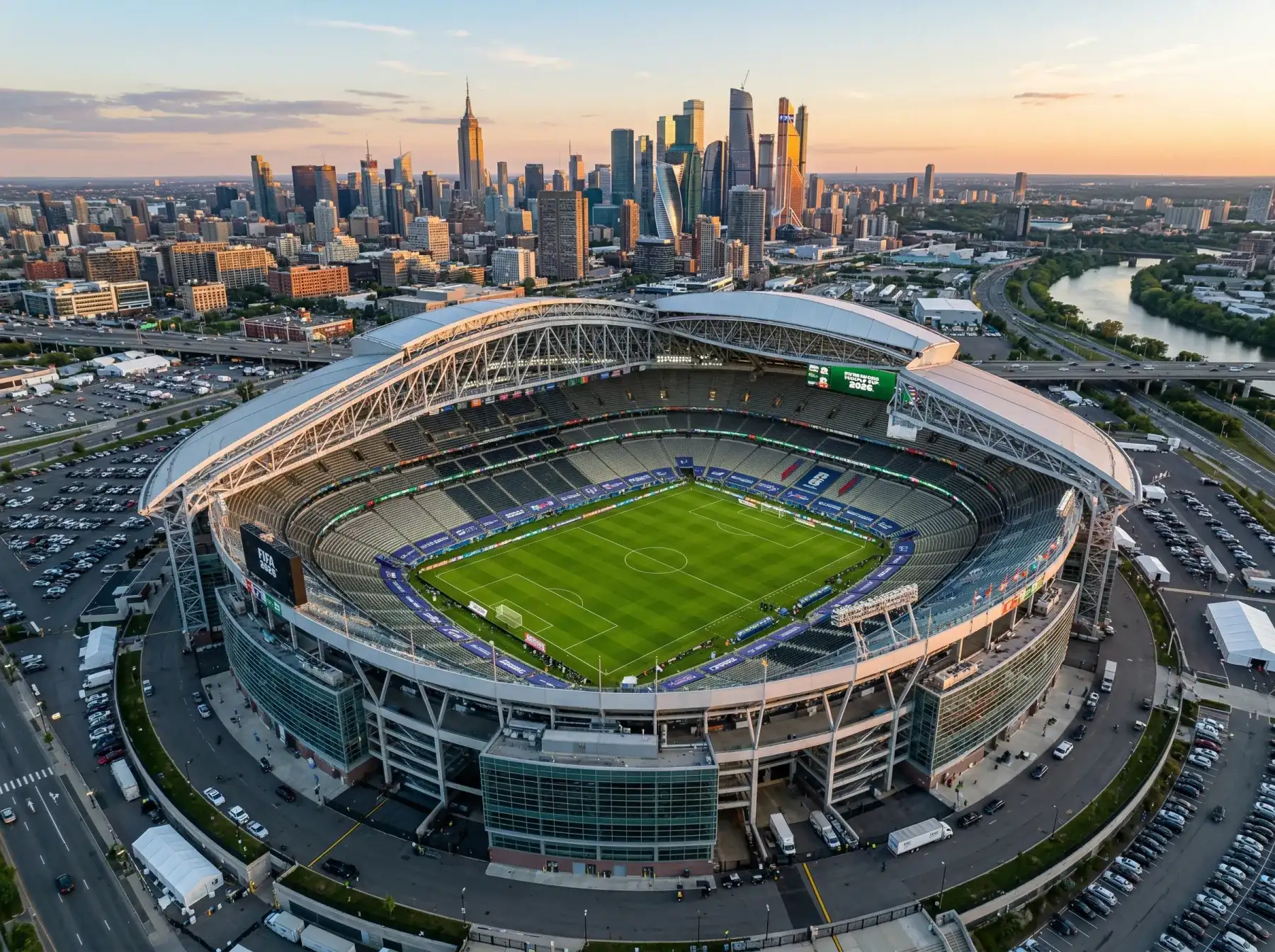 Vue aérienne d'un grand stade américain préparé pour accueillir des matchs de la Coupe du Monde 2026