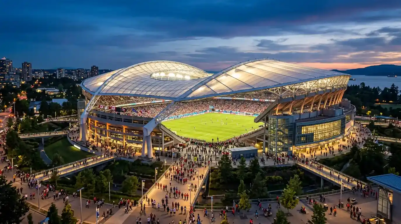 Stade canadien moderne illuminé en début de soirée, prêt pour un match de Coupe du Monde