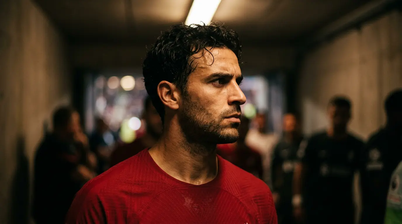 Joueur de football suisse en maillot rouge concentré avant un grand match, vue rapprochée