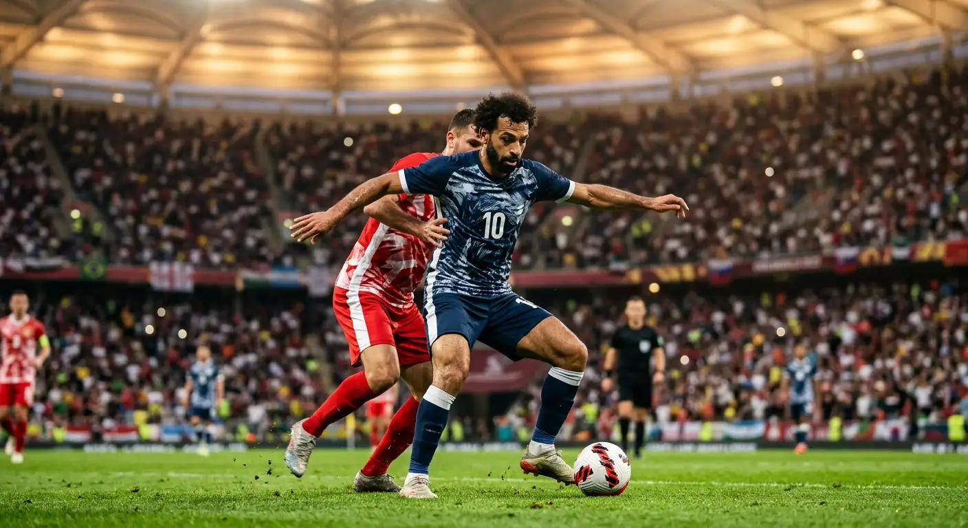 Un meneur de jeu contrôlant le ballon au milieu de terrain lors d'un match de Coupe du Monde en soirée, stade illuminé