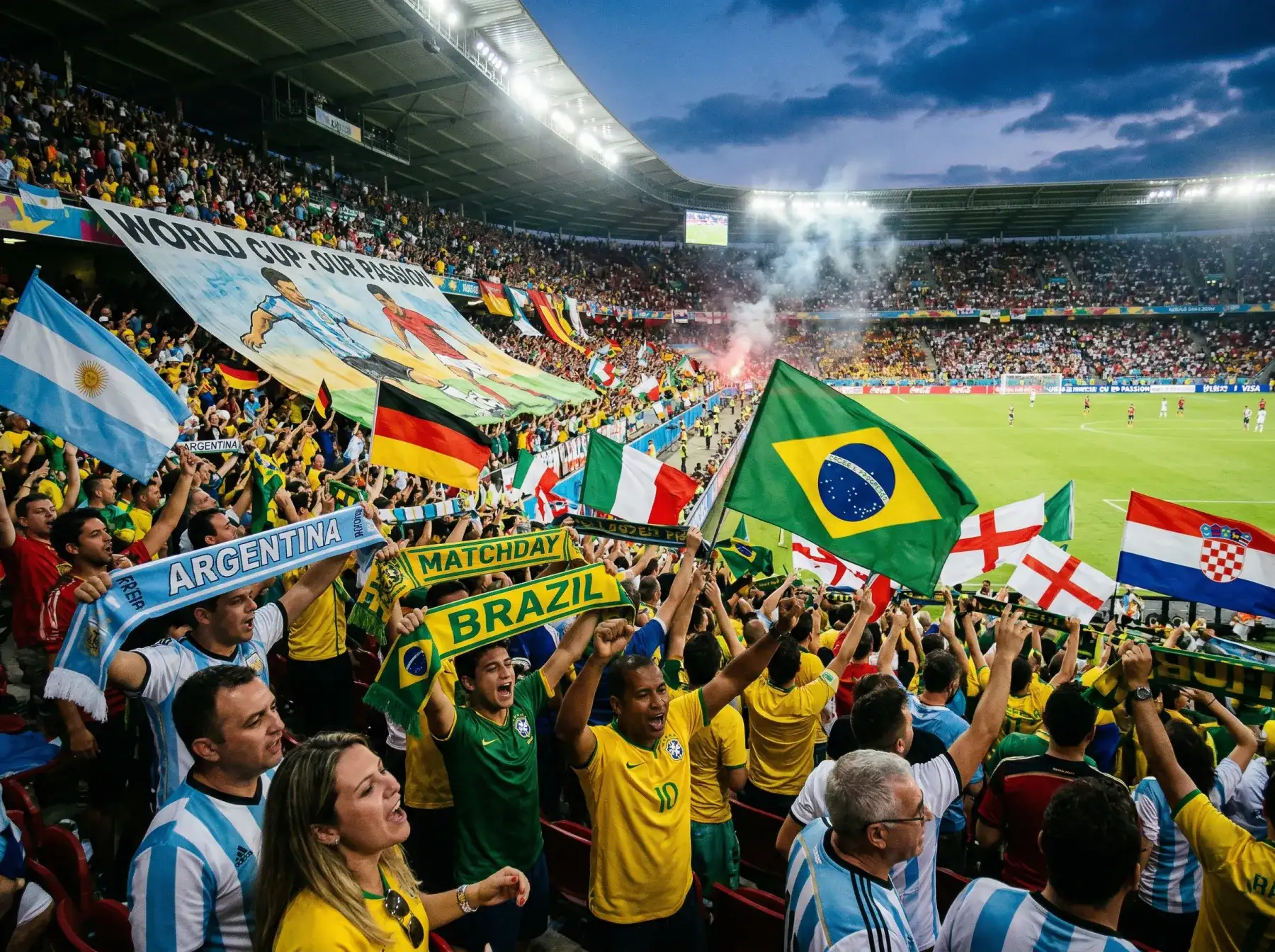 Supporters enthousiastes dans les tribunes d'un stade arborant drapeaux et écharpes aux couleurs nationales