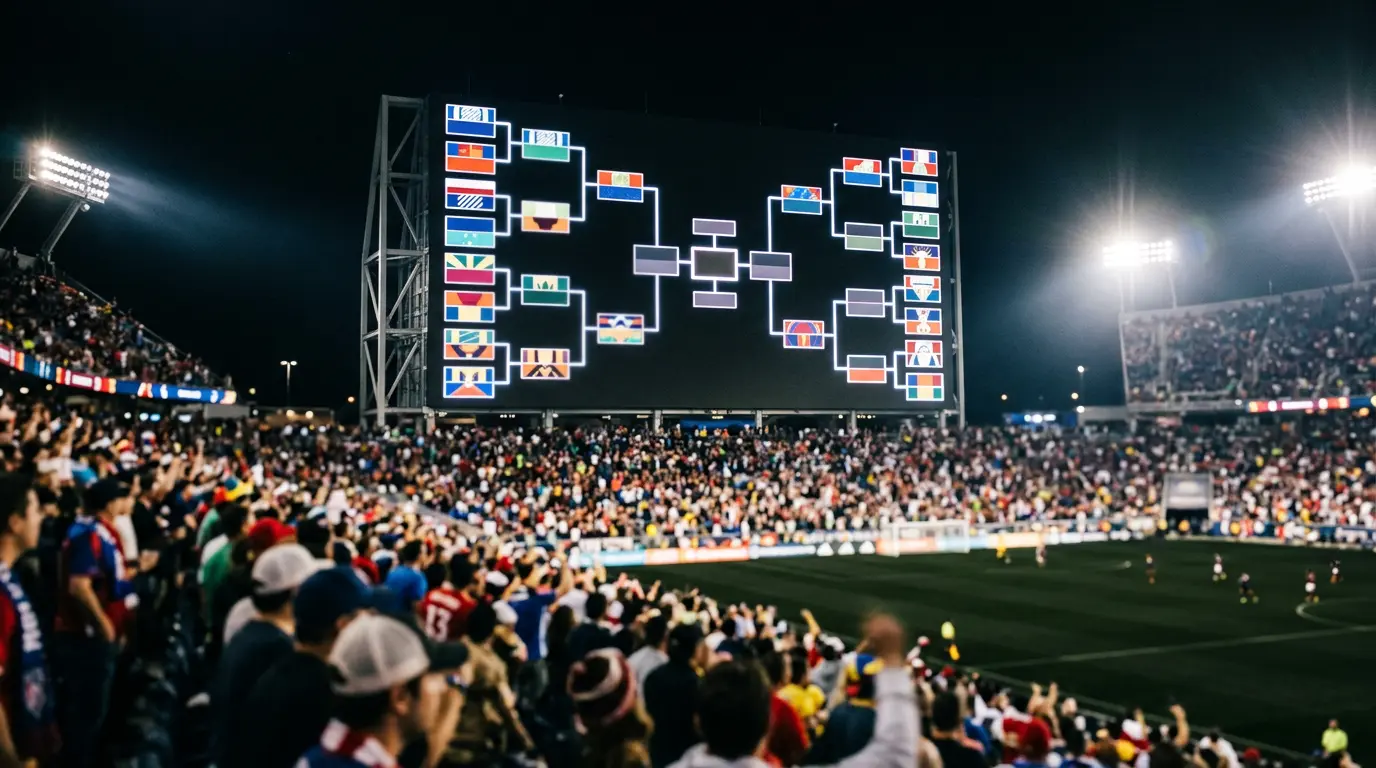 Tableau à élimination directe affiché sur écran géant lors d'une Coupe du Monde, avec des branches reliant les équipes