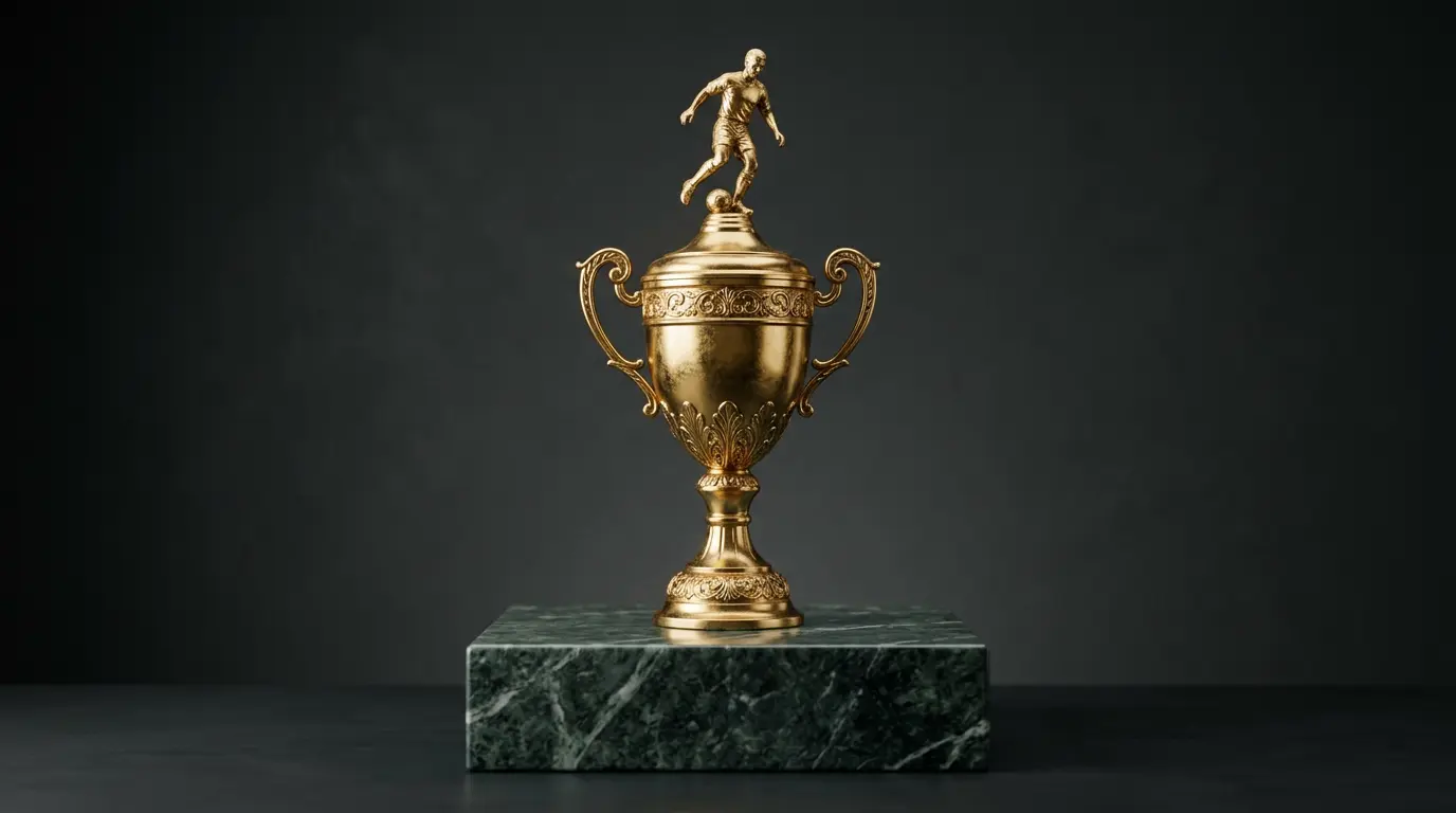 Trophée doré de Coupe du Monde présenté sur un piédestal en marbre, fond sobre, éclairage de studio
