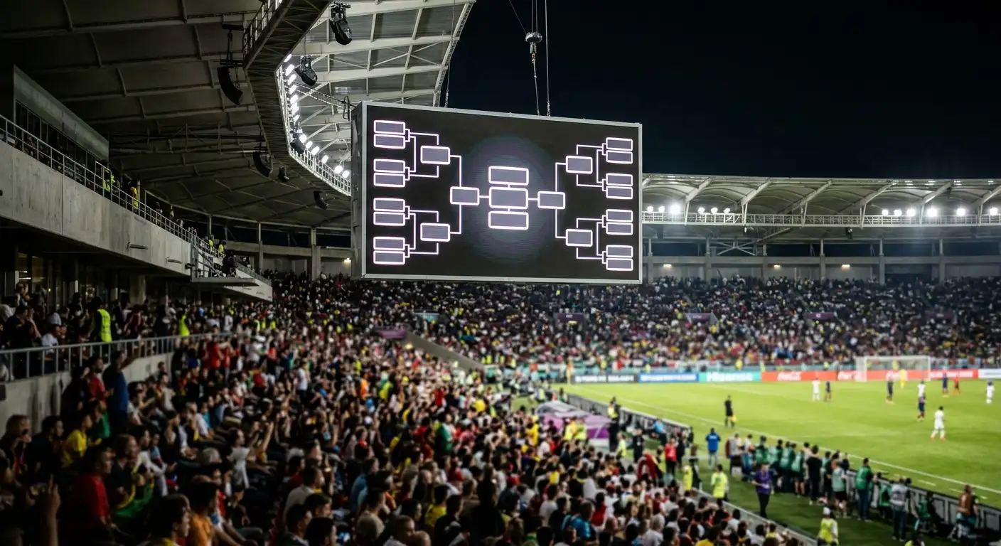 Un tableau lumineux de stade affichant un tableau à élimination directe stylisé, ambiance de Coupe du Monde